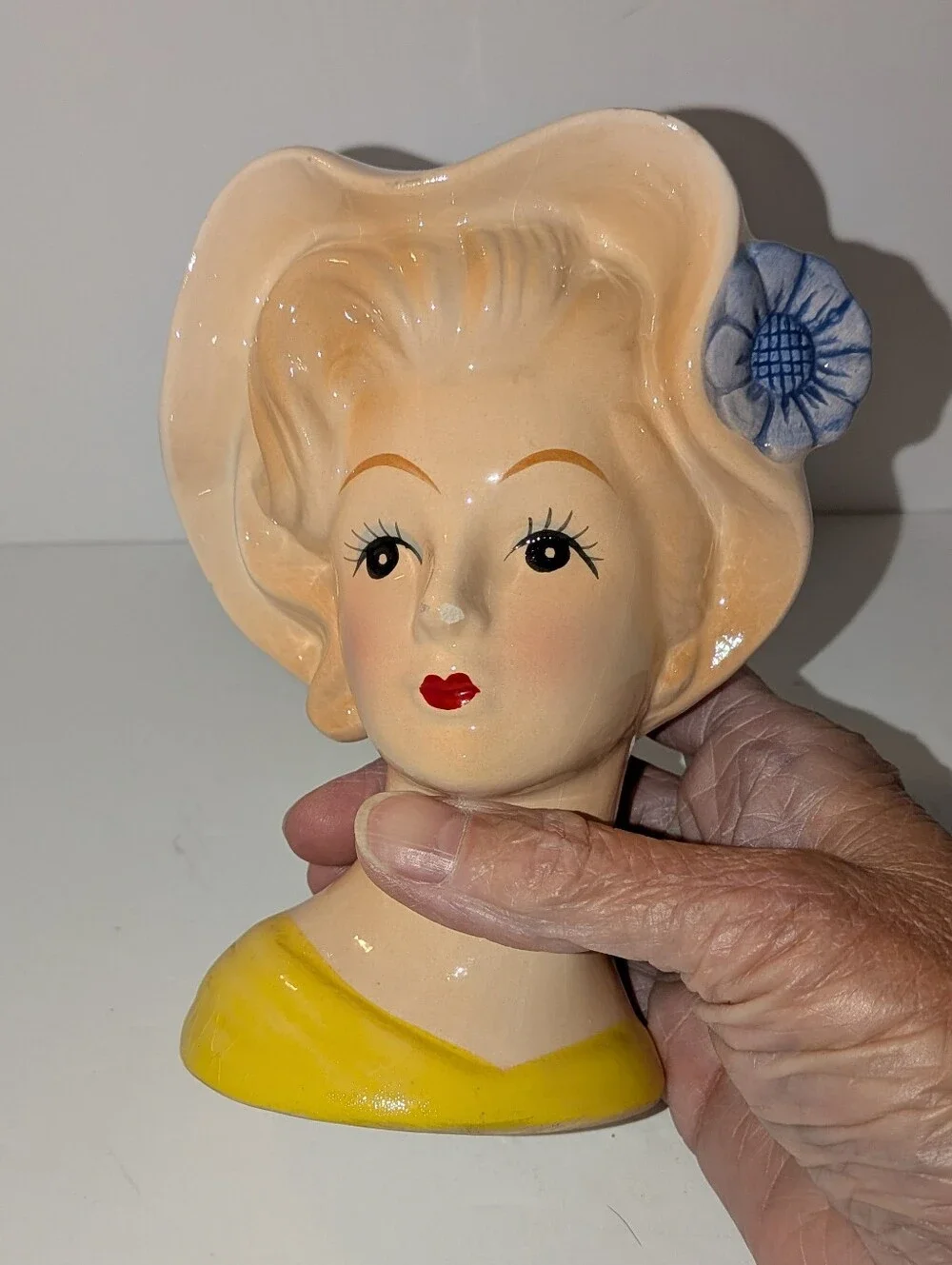 Vintage Brinn's Lady Head Vase with Yellow Dress and Blue Flower 5 Inches Tall